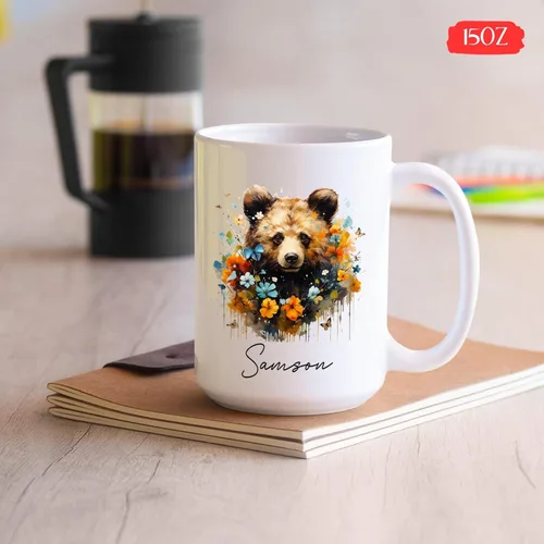 Miniatura 5 de Taza de café de oso – Regalo personalizado para amantes, taza de té de animales salvajes con flores, regalo de cerámica personalizado para amantes