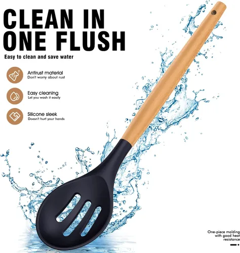 Miniatura 6 de AVGPD - Juego de utensilios de cocina de silicona para cocinar asas de madera, resistentes al calor de 446 °F, utensilios de cocina antiadherentes