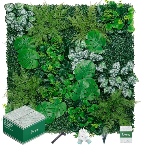 Miniatura 9 de Grooy Pared de césped artificial de seto de 20 x 20 pulgadas, 6 paneles de boj, paneles de fondo de vegetación, pantalla de valla de privacidad