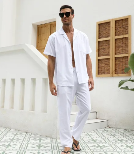 Miniatura 3 de RPOVIG Conjunto de camisa de lino y pantalones conjuntos de lino de 2 piezas para hombre, camisas de manga corta, pantalones de yoga, trajes