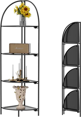 Miniatura 23 de Crofy Estante esquinero plegable de 3 niveles, soporte de esquina de metal para plantas con marco negro y estantes negros, estante de exhibición