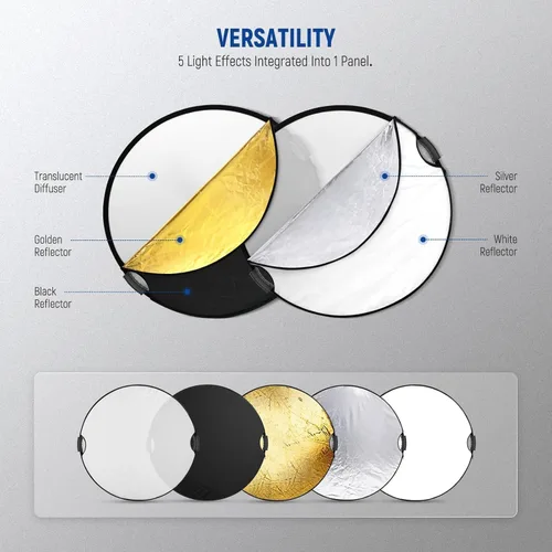 Miniatura 6 de NEEWER Reflector de luz 5 en 1 de 22"/56cm con abrazadera y agarres de mano, difusor de fotografía de discos múltiples de poliéster