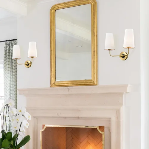 Miniatura 7 de DAYCENT Moderno aplique de pared dorado con pantalla de tela, apliques de 2 luces, iluminación de pared de doble brazo, luces de tocador de baño
