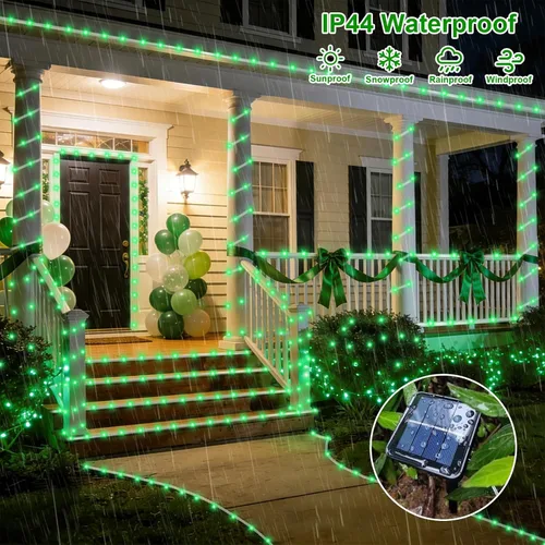 Miniatura 5 de QITONG Paquete de 2 luces solares verdes, cada cadena de 100 luces LED de 33 pies para exteriores, 8 modos de luces de hadas en tubo de PVC