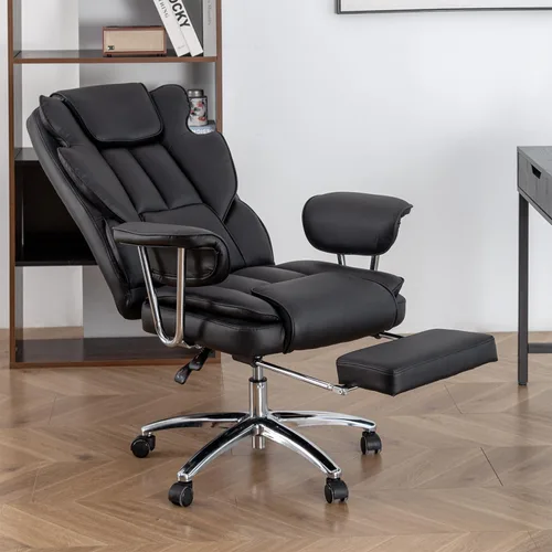 Miniatura 8 de Silla de oficina de piel sintética totalmente reclinable y cómoda silla de oficina grande y alta, 500 libras con reposapiés, ruedas y brazos Negro