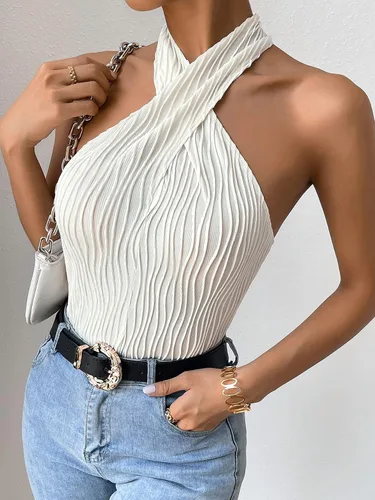Miniatura 4 de GORGLITTER Camiseta sin mangas con textura cruzada y cuello halter para mujer