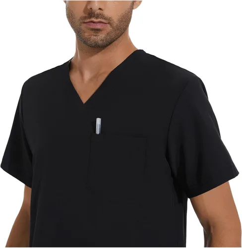 Miniatura 4 de COZYFIT Conjunto de ropa quirúrgica para hombre camiseta elástica con cuello en V y pantalón deportivo con 8 bolsillos, cintura de yoga, ropa