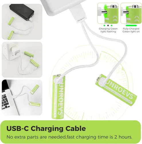 Miniatura 6 de UNROEVS Baterías recargables AAA USB-C, 1.5 V 1200 mWh, batería de litio AAA recargable triple A, larga duración, carga rápida para linternas