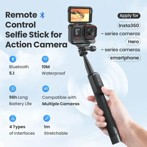 Miniatura 2 de Control remoto Selfie Stick recargable impermeable 39.4 in estirable compatible con cámara de acción Insta360/Gopro y iOS Android Smartphone