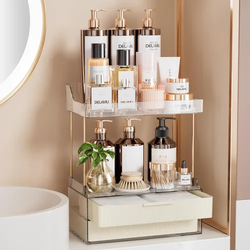 Delamu Organizadores y Almacenamiento de Baño, Organizador de Maquillaje de 2 Niveles 2 Cajones para Encimera, Fácil de Instalar, Ideal para Blanco