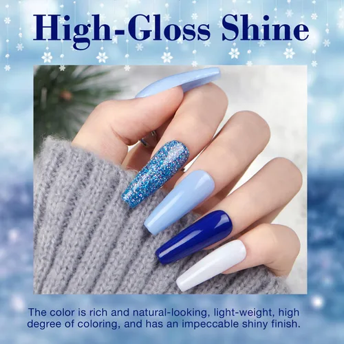 Miniatura 8 de AZUREBEAUTY Kit de polvo de inmersión para uñas, color blanco y azul marino con purpurina, 4 colores, polvo de inmersión acrílico, juego líquido
