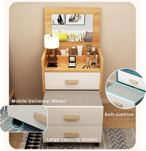 Miniatura 7 de Tocador de diseño integrado, mesa de maquillaje con espejo de maquillaje reversible de alta definición, escritorio de maquillaje con cajones