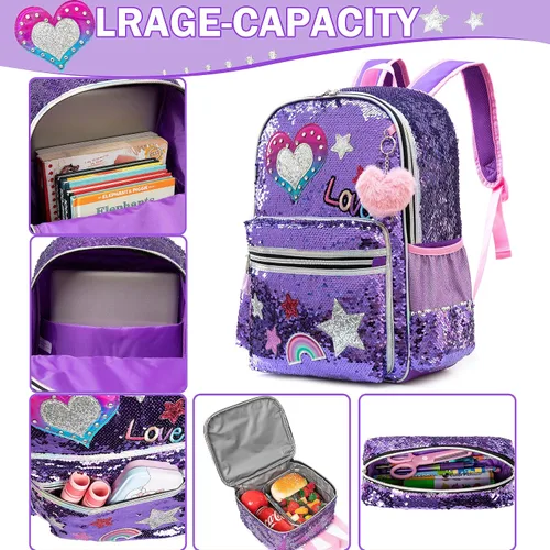 Miniatura 22 de Mochila para niñas de 16 pulgadas, mochilas para niñas para la escuela, mochila de lentejuelas con lonchera para estudiantes de primaria