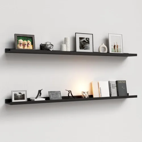 Miniatura 15 de Boswillon Juego de 2 estantes flotantes montados en la pared, modernos estantes de pared negros para almacenamiento con labio, estante de repisa
