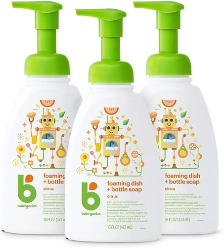Babyganics Jabón espumoso para platos y biberones, botella con dispensador, cítricos, poder de limpieza derivado de plantas, elimina la leche seca,