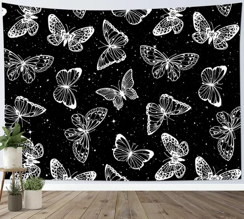 Miniatura 3 de HVEST Tapiz espacial de mariposa en galaxia para dormitorio, cielo estrellado blanco y negro para colgar en la pared para sala de estar, decoración