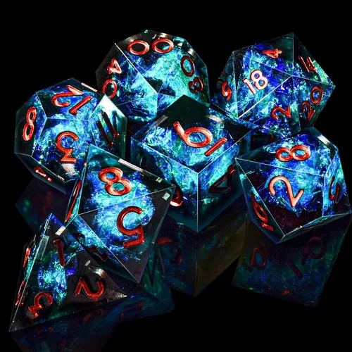 Miniatura 4 de AUSTOR Juego de dados DND de 7 dados, dados poliédricos de borde afilado hechos a mano para juegos de mesa de Calabozos y Dragones RPG MTG