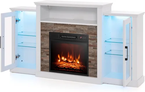 Miniatura 8 de Tangkula Soporte de TV para chimenea eléctrica, chimenea eléctrica con luces LED de 16 colores, estantes de vidrio ajustables, control remoto