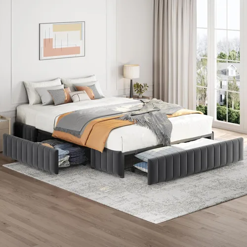 Miniatura 10 de Yaheetech Bastidor de cama completo con plataforma tapizada con 3 cajones de almacenamiento, gran espacio de almacenamiento/Listones de madera