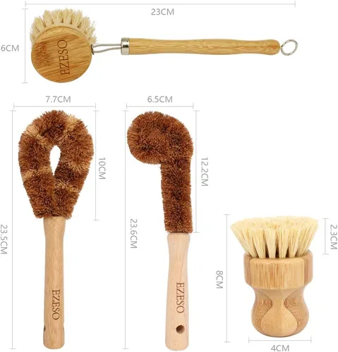 Miniatura 2 de Ezeso - Juego de 4 cepillos de bambú natural para fregar platos, olla de madera y cepillo para botellas