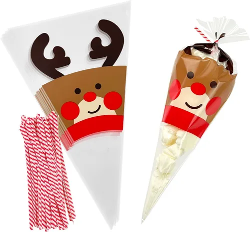 Miniatura 9 de EKAPACKAGING 50 bolsas de golosinas con forma de cono de 7 x 15 pulgadas, bolsas de palomitas de maíz de San Valentín con lazos para dulces y arroz