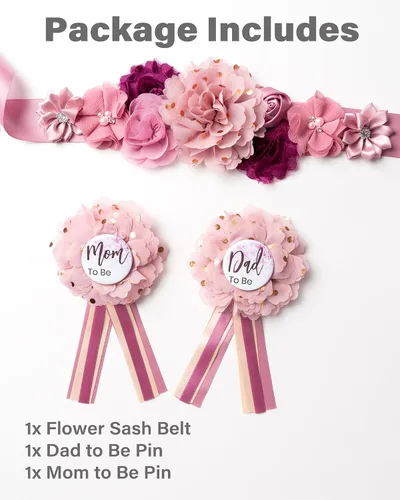 Miniatura 3 de BumpPetal - Juego de fajas de flores Baby Shower Mom to Be Daddy to Be Corsage Pin Cinturón de flores para vestido de maternidad Suministros