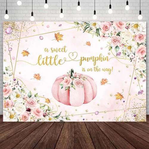 AIBIIN Telón de fondo de calabaza para baby shower de 7 x 5 pies para niñas, calabaza rosa floral, baby shower, fondo de fotografía de otoño con