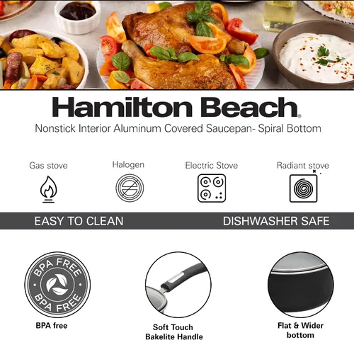 Miniatura 7 de Hamilton Beach Juego de utensilios de cocina cubiertos de aluminio, sartén antiadherente, horno holandés con mango de baquelita suave al tacto, Negro