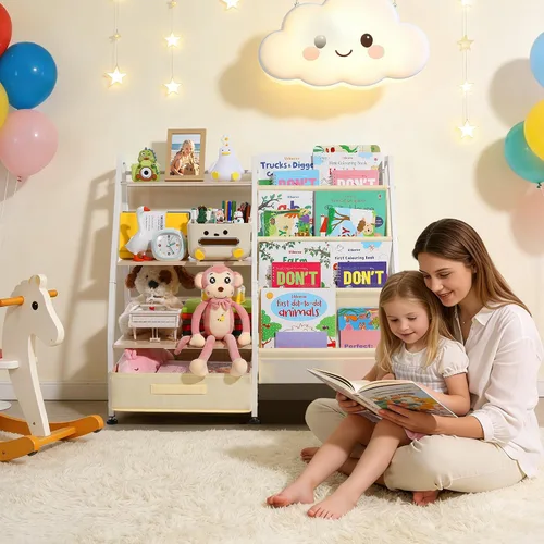 Miniatura 5 de Estantería para niños y almacenamiento de juguetes para habitaciones de niños, estantería para bebés con 4 estantes de eslinga y organizador