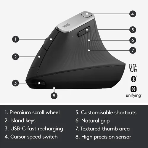 Miniatura 6 de Logitech MX - mouse inalámbrico vertical – diseño ergonómico avanzado que reduce la tensión muscular, controla y mueve contenido entre 3