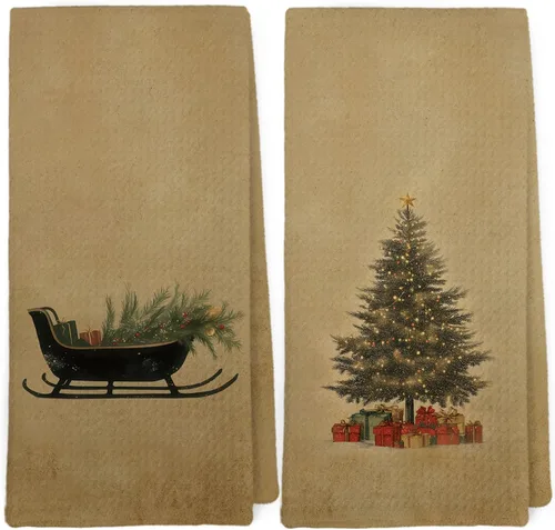 Miniatura 6 de Dibor Juego de 2 Paños de Cocina Decorativos con Árbol de Navidad Verde, Paños de Cocina de Decoración Navideña Preppy, Paño Decorativo de Pino