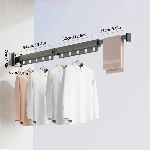 Miniatura 5 de Estante de secado de ropa plegable para colgar en la pared, estante retráctil de secado de ropa para interiores, ahorro de espacio, estante de 2