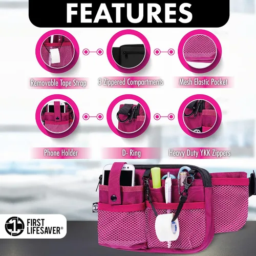 Miniatura 2 de First Lifesaver Riñonera para enfermera con múltiples compartimentos y soporte para cinta, Rosado, L, Riñonera manos libres con múltiples