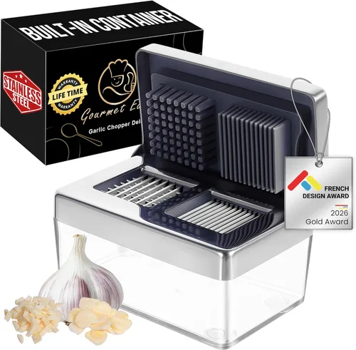 Prensa de ajo Gourmet Easy de acero inoxidable, picador y cortador de ajo mini súper delgado 2 en 1, cortador de jengibre en cubos sin olor con