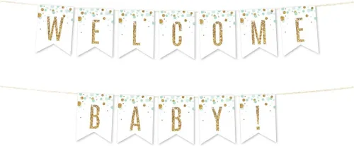 Andaz Press Colección de fiesta de baby shower con purpurina verde menta, banderín colgante con cuerda, Welcome Baby!, 5 pies, 1 juego