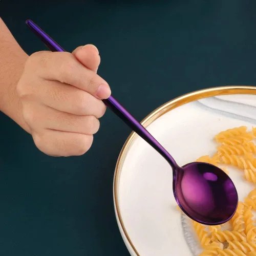 Miniatura 2 de MINGYU Modern - Juego de 8 cucharas de sopa redondas pesadas con mango largo, cuchara de titanio de acero inoxidable de 8.3 pulgadas, cucharas