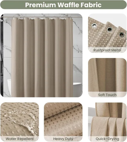 Miniatura 3 de Inhousolu - Cortina de ducha de tela, tejido de gofre, poliéster de 7.07 oz/m², dobladillo pesado, ganchos de metal incluidos, repelente al agua