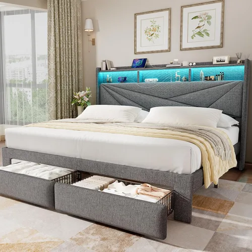 Miniatura 12 de Driftalia Base de cama de tamaño completo con cabecera de almacenamiento de 2 niveles, base de cama de tamaño completo tapizada con 2 cajones