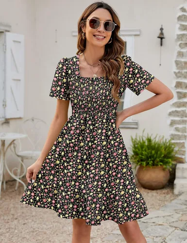 Miniatura 4 de Qirno Vestido corto de gasa para mujer, casual, cuello cuadrado, con vuelo, manga corta, fruncido, escalonado, acampanado, de gasa, S-XL