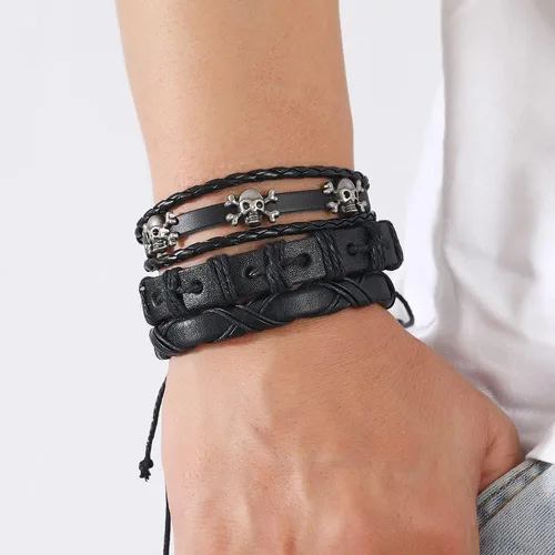 Miniatura 4 de NIGHTCRUZ 6 pulseras trenzadas de cuero, pulsera de cuero medieval con calavera