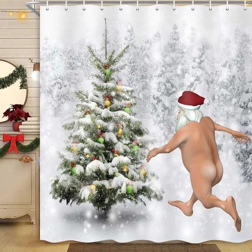 Miniatura 11 de MERCHR Cortina de Ducha de Nieve de Bosque Invernal, Cortina de Ducha de Pino Navideño y Venado Copo de Nieve para Baño, Decoración Festiva Navideña