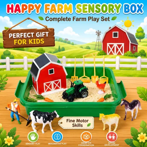 Miniatura 2 de Carolart Farm - Contenedor sensorial con arena sensorial, juguetes de granero y tractor Juguetes de granja con animales de granja, juguetes