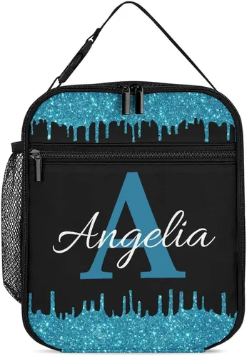 Bolsa de almuerzo con nombre personalizado para hombres y mujeres, con monograma de purpurina azul, hielera, portátil, con nombre, para niñas, azul