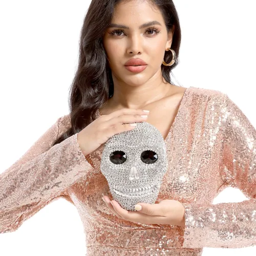 Miniatura 9 de Boutique De FGG Bolso de mano de cristal de calavera para mujer, bolso de mano de noche con diamantes de imitación, para fiesta, graduación