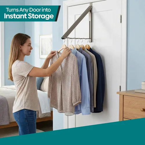 Miniatura 2 de HOLDN' STORAGE Colgador sobre la puerta - Organizador de rack plegable individual para colgar ropa, abrigos y toallas, ideal para dormitorios