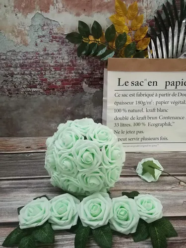 Miniatura 3 de 50 rosas artificiales de aspecto real verde menta con tallo para ramos de boda, centros de mesa, fiestas, baby shower, decoración del hogar