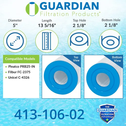 Miniatura 2 de Guardian paquete de 2 filtros de repuesto para alberca o spa compatible con Unicel C-4326 C-4625 Filbur FC-2375 Pleatco PRB-25, cartucho de 25 pies