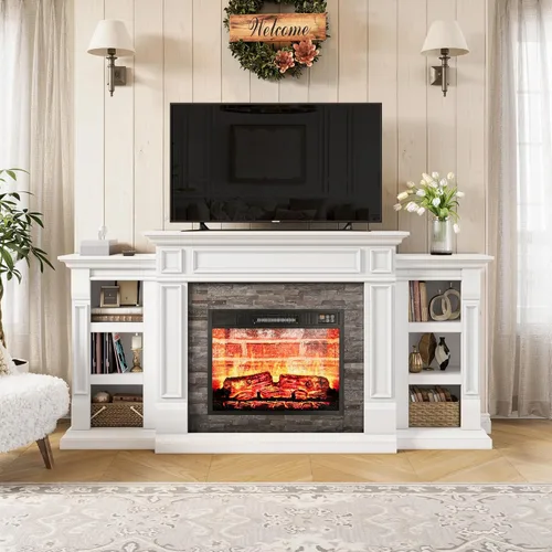 Miniatura 2 de LGHM Chimenea eléctrica de 72 pulgadas con repisa, soporte de TV para televisores de hasta 80 pulgadas, moderno centro de entretenimiento con Blanco