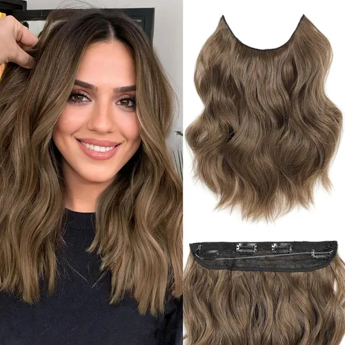 Miniatura 54 de Extensiones de cabello con halo de 12 pulgadas con alambre invisible, cabello largo ondulado ajustable, sintético, mejora con 4 clips de seguridad