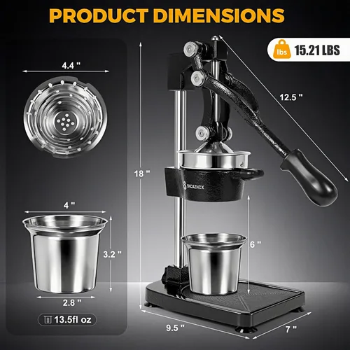 Miniatura 6 de Exprimidor de cítricos de hierro fundido, exprimidor de frutas de alta resistencia con piezas de acero inoxidable fácil de limpiar y base estable